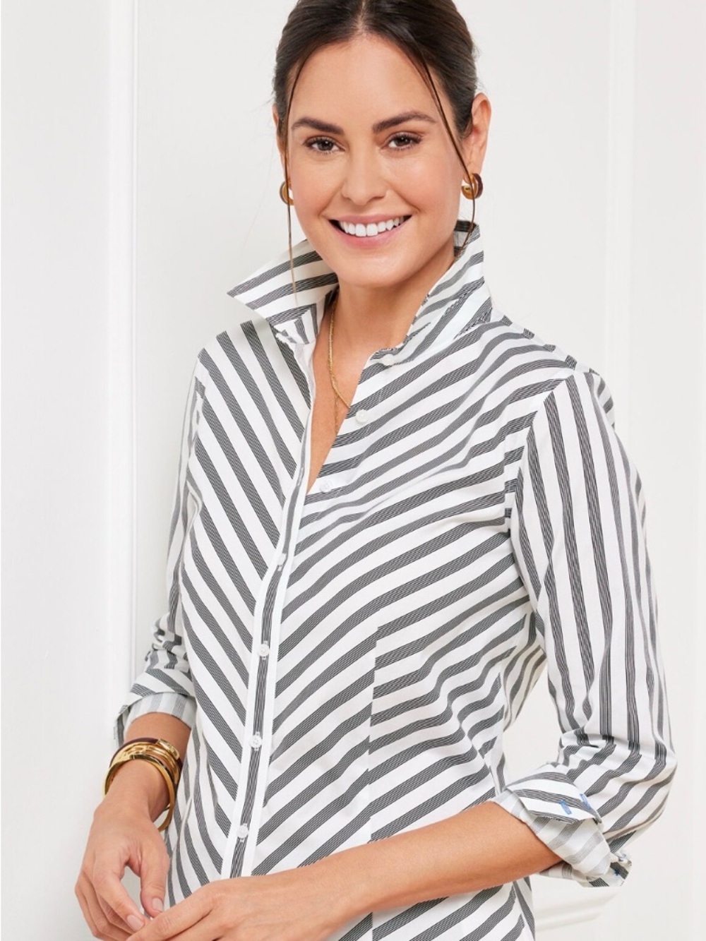 Talbots Petites size 4  Non Iron Black & White Stripe Blouse